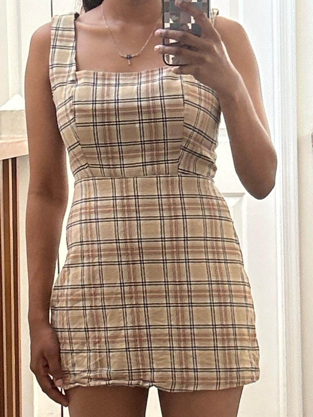 Forever 21 Beige Plaid Square-Neck Mini Dress